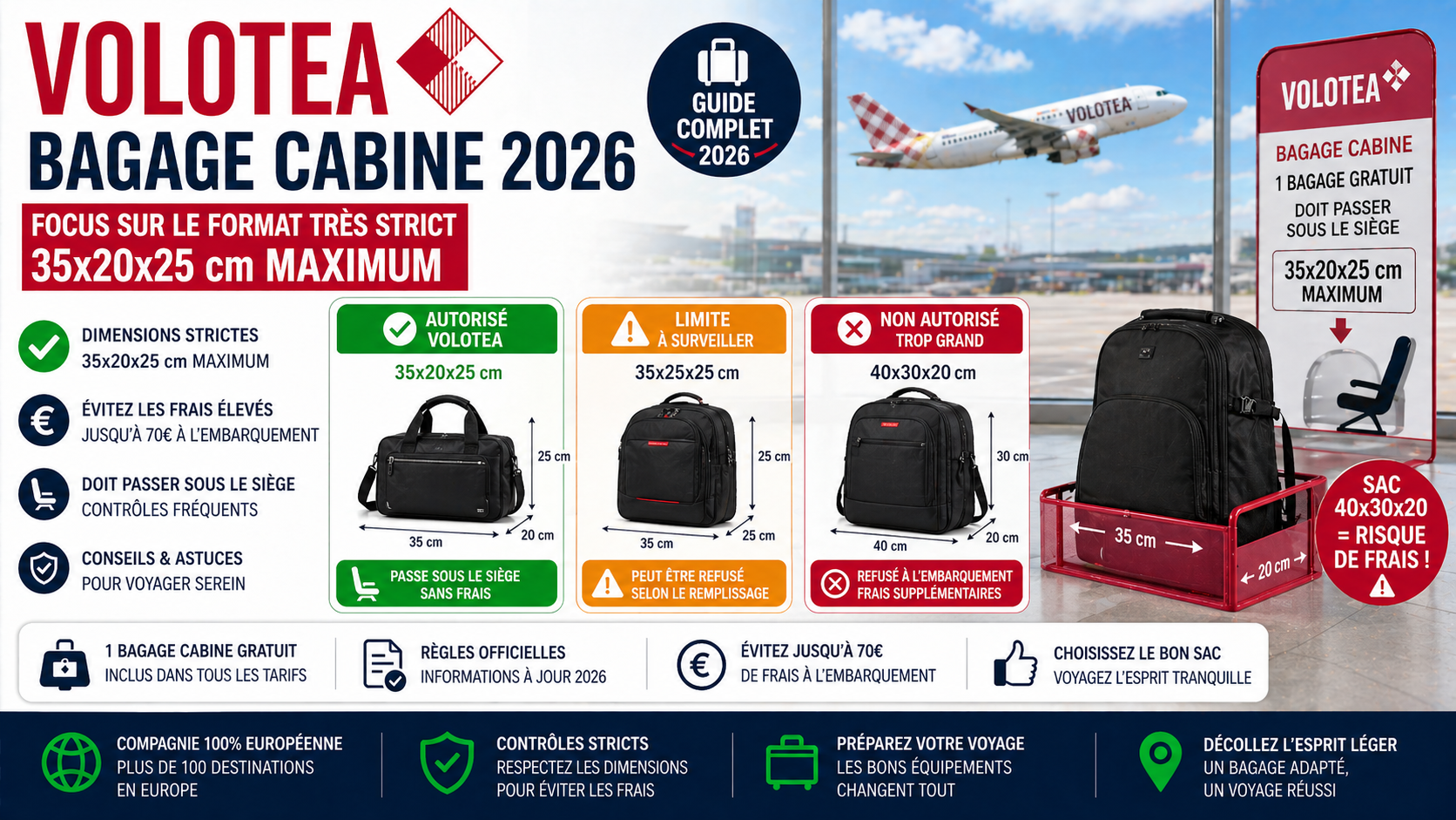 Bagage cabine Volotea 2026 dimensions 35x20x25 cm et risque sac 40x30x20
