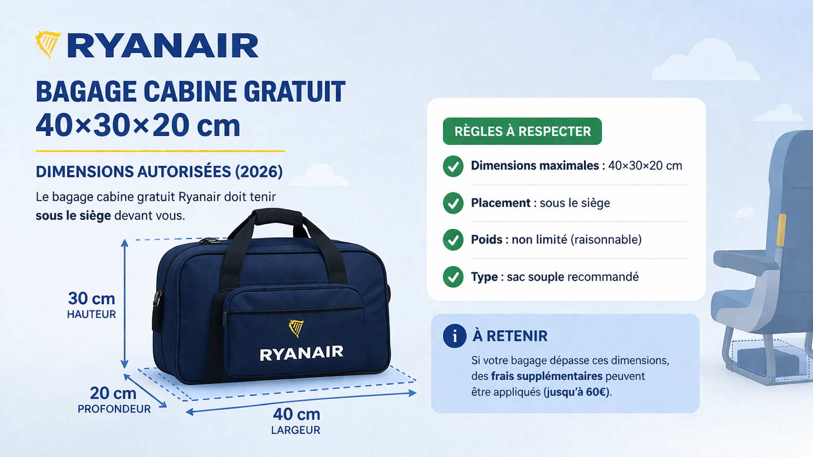 dimensions bagage cabine ryanair 40x30x20 schema sous siege avion