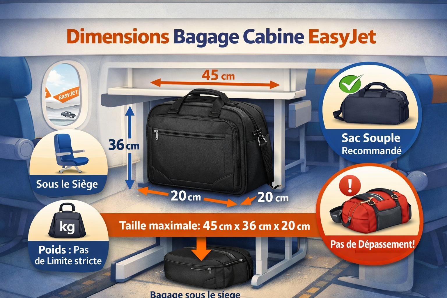 dimensions bagage cabine easyjet 45x36x20 schema avion