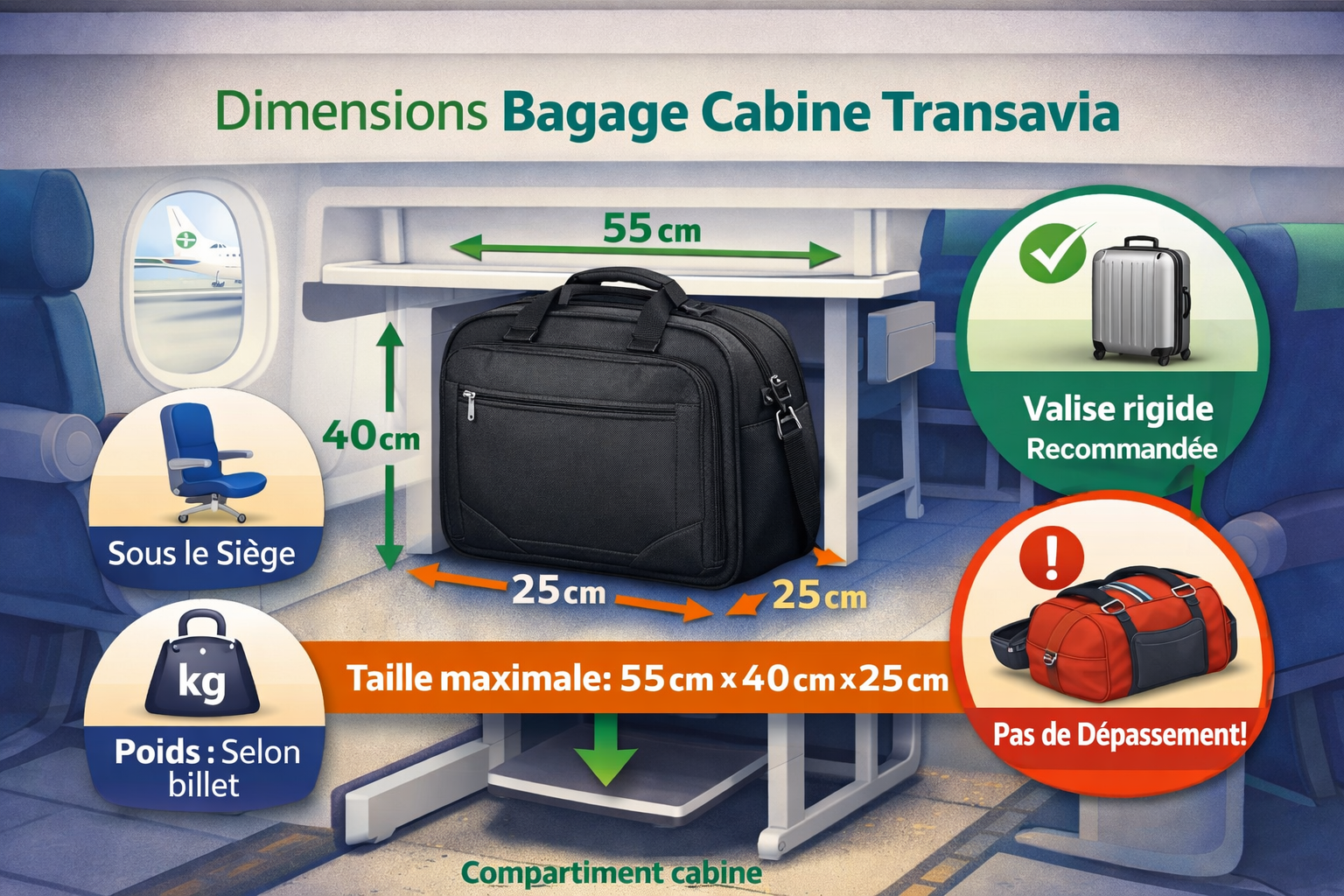 dimensions bagage cabine transavia 55x40x25 schema avion