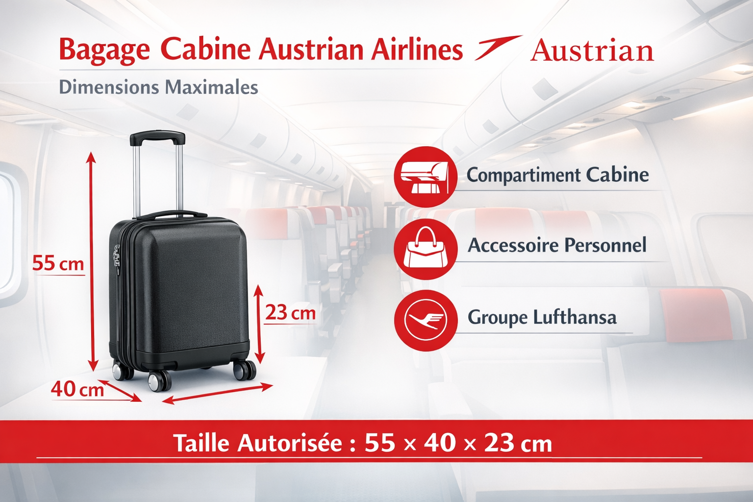dimensions bagage cabine austrian airlines 55x40x23 schema avion