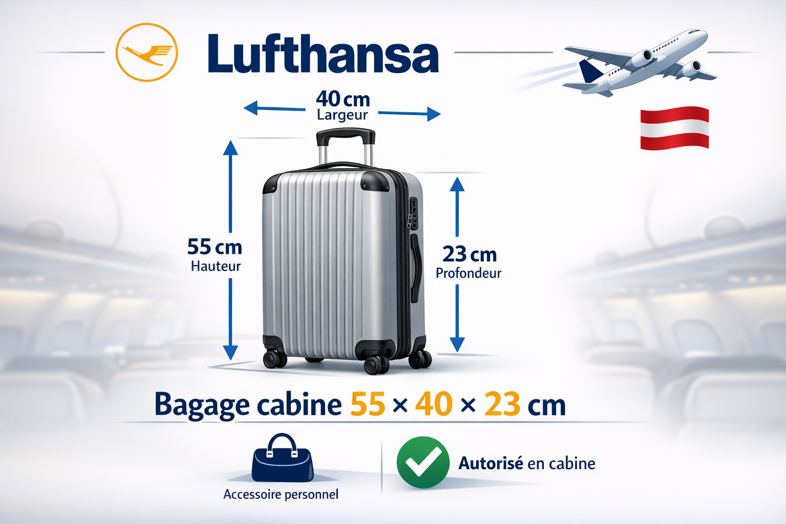 schema bagage cabine lufthansa 55x40x23 avion complet