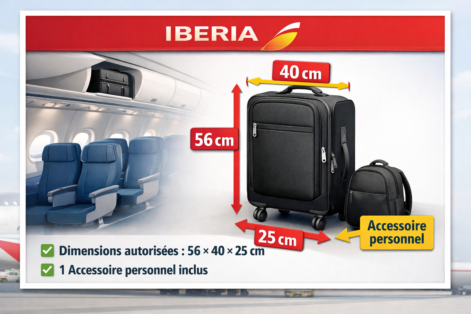 schema bagage cabine iberia 56x40x25 avion complet