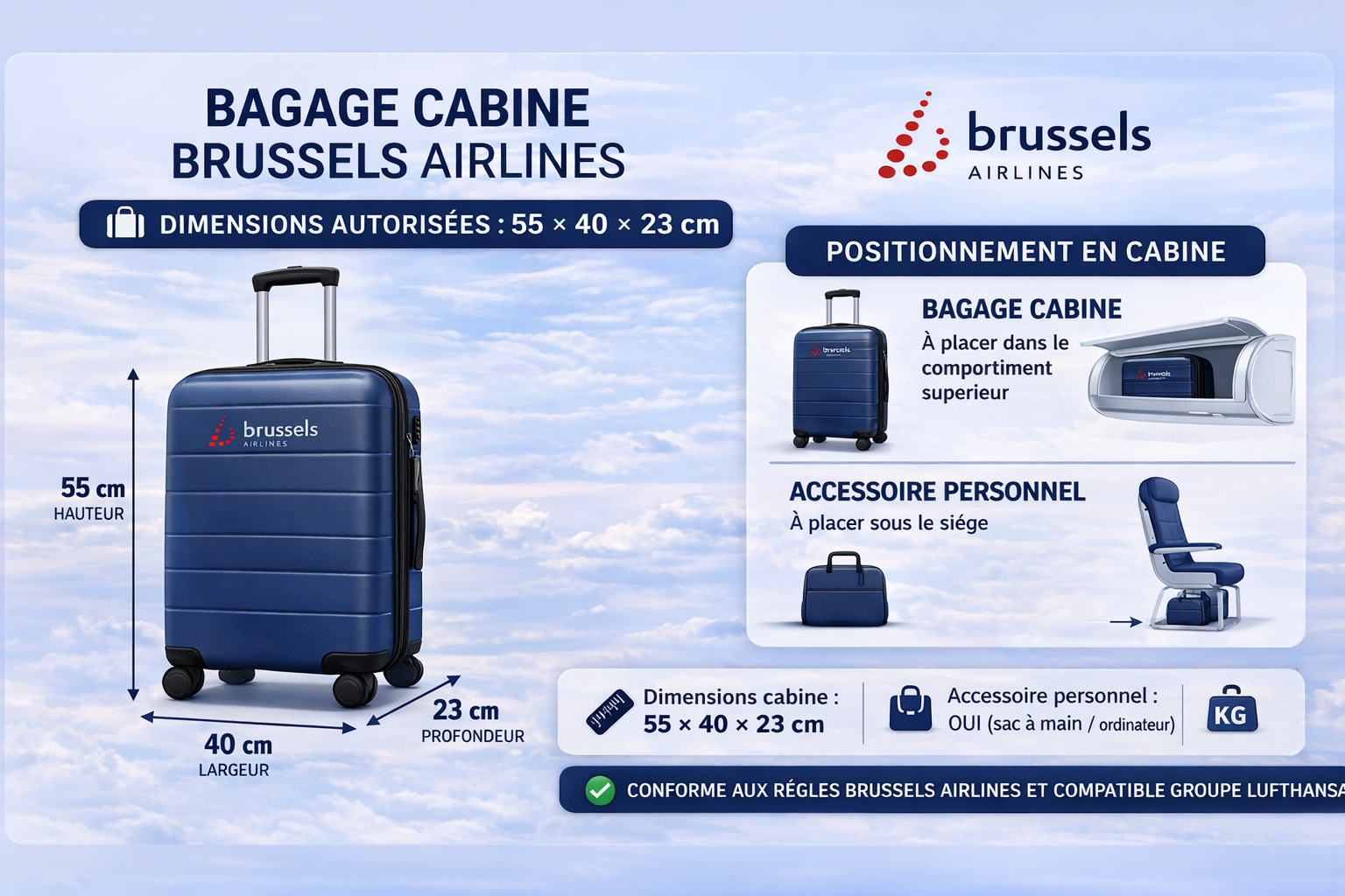 Schéma dimensions bagage cabine Brussels Airlines 55x40x23 avion compartiment cabine