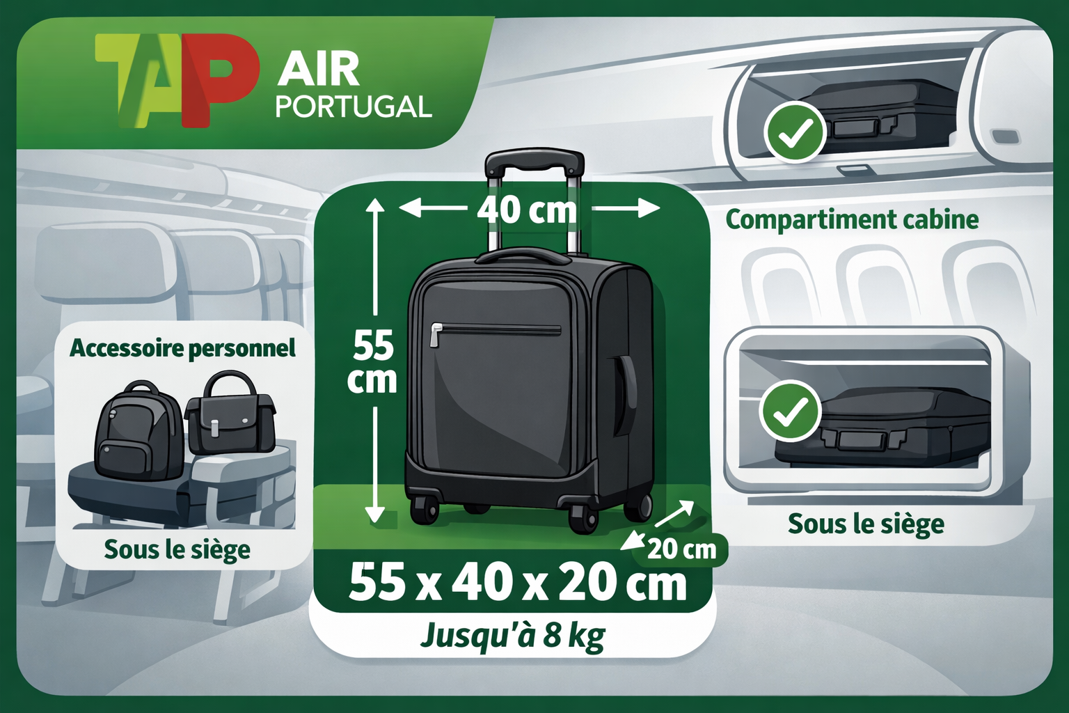 schema bagage cabine tap portugal 55x40x20 avion complet