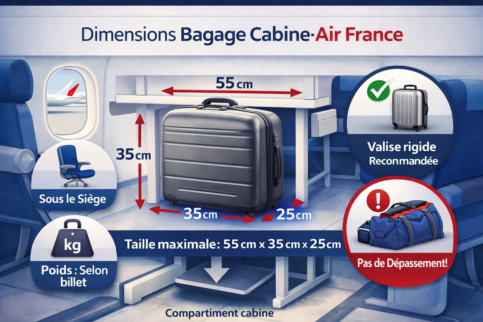 dimensions bagage cabine air france 55x35x25 schema avion