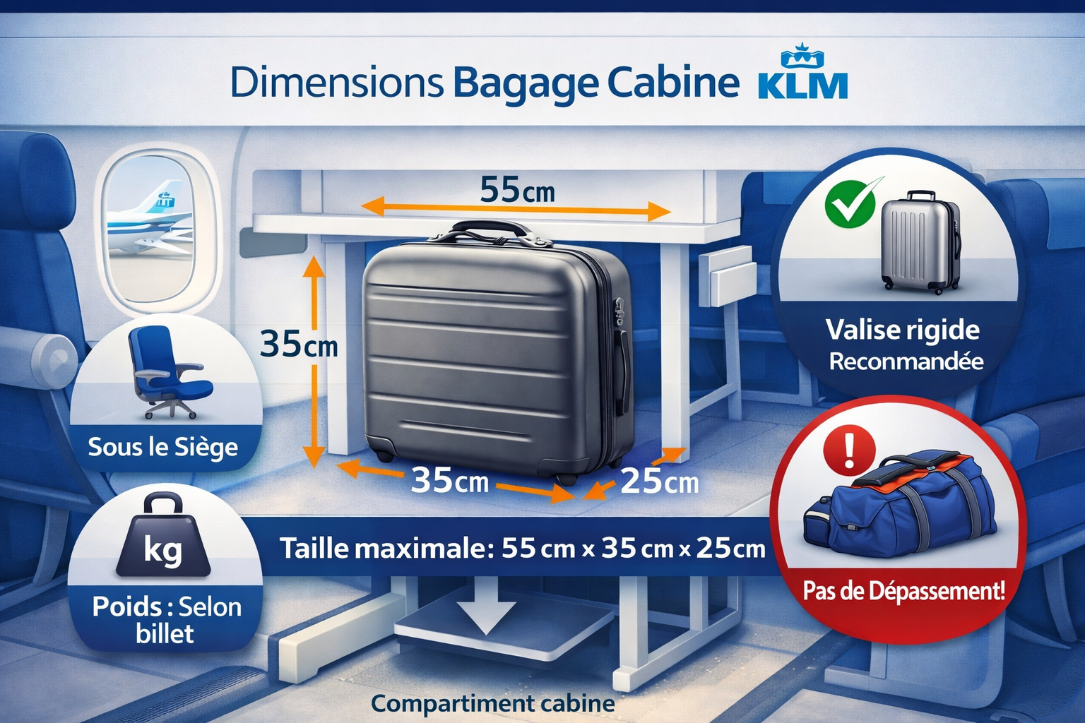 dimensions bagage cabine klm 55x35x25 schema avion