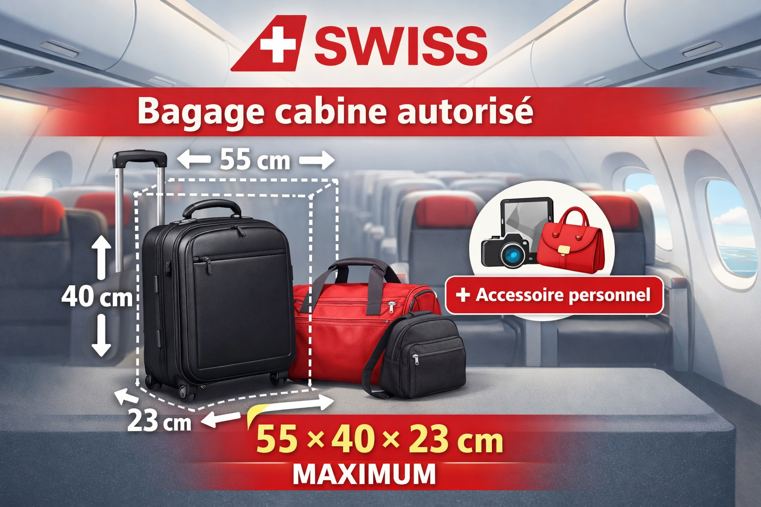 dimensions bagage cabine swiss 55x40x23 schema avion