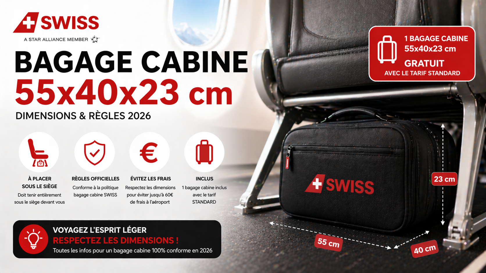 Dimensions valise cabine SWISS 55x40x23