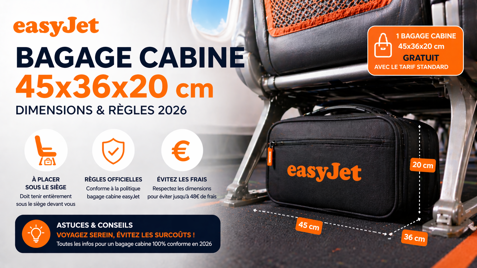 Contrôle bagage cabine EasyJet 45x36x20 sous le siège