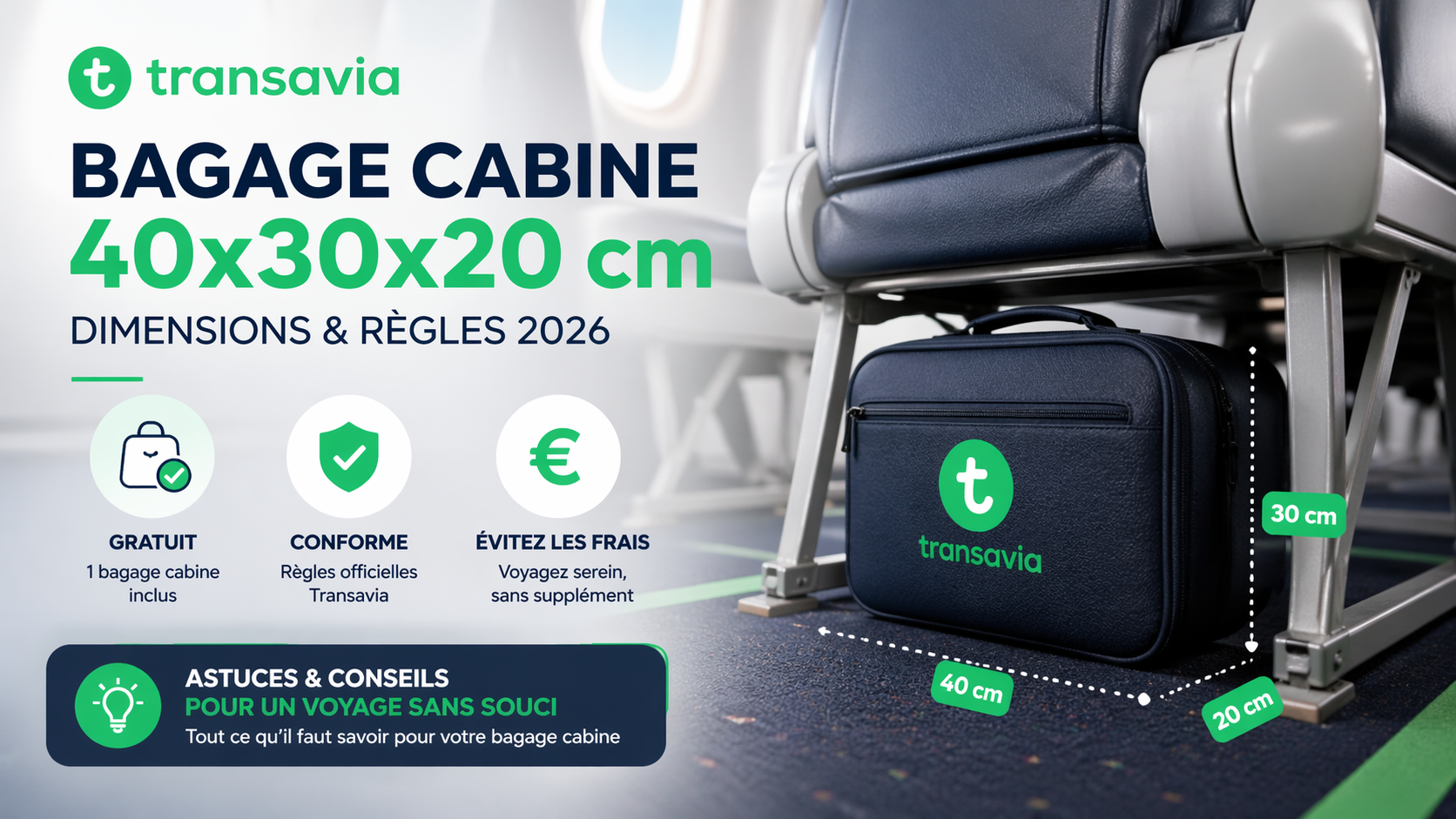Bagage cabine Transavia 55x40x25 dimensions avion