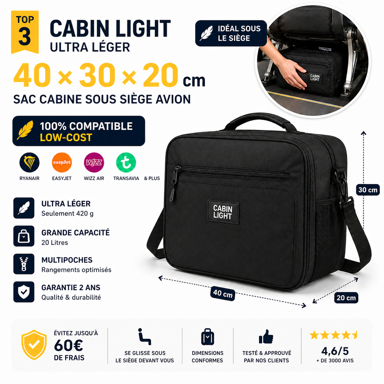 sac cabine 40x30x20 ultra leger