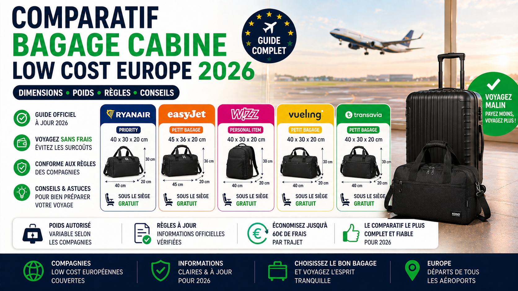 Comparatif dimensions bagage cabine low cost Europe 2026 format sous siège