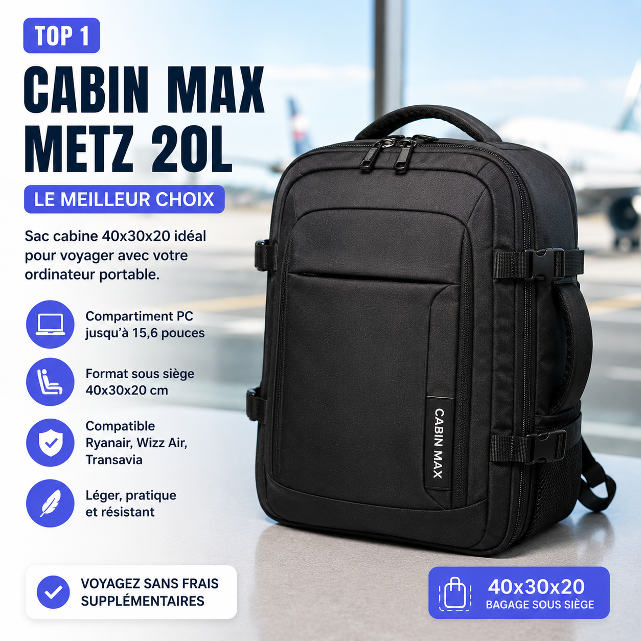 sac cabine souple 40x30x20 compatible Ryanair