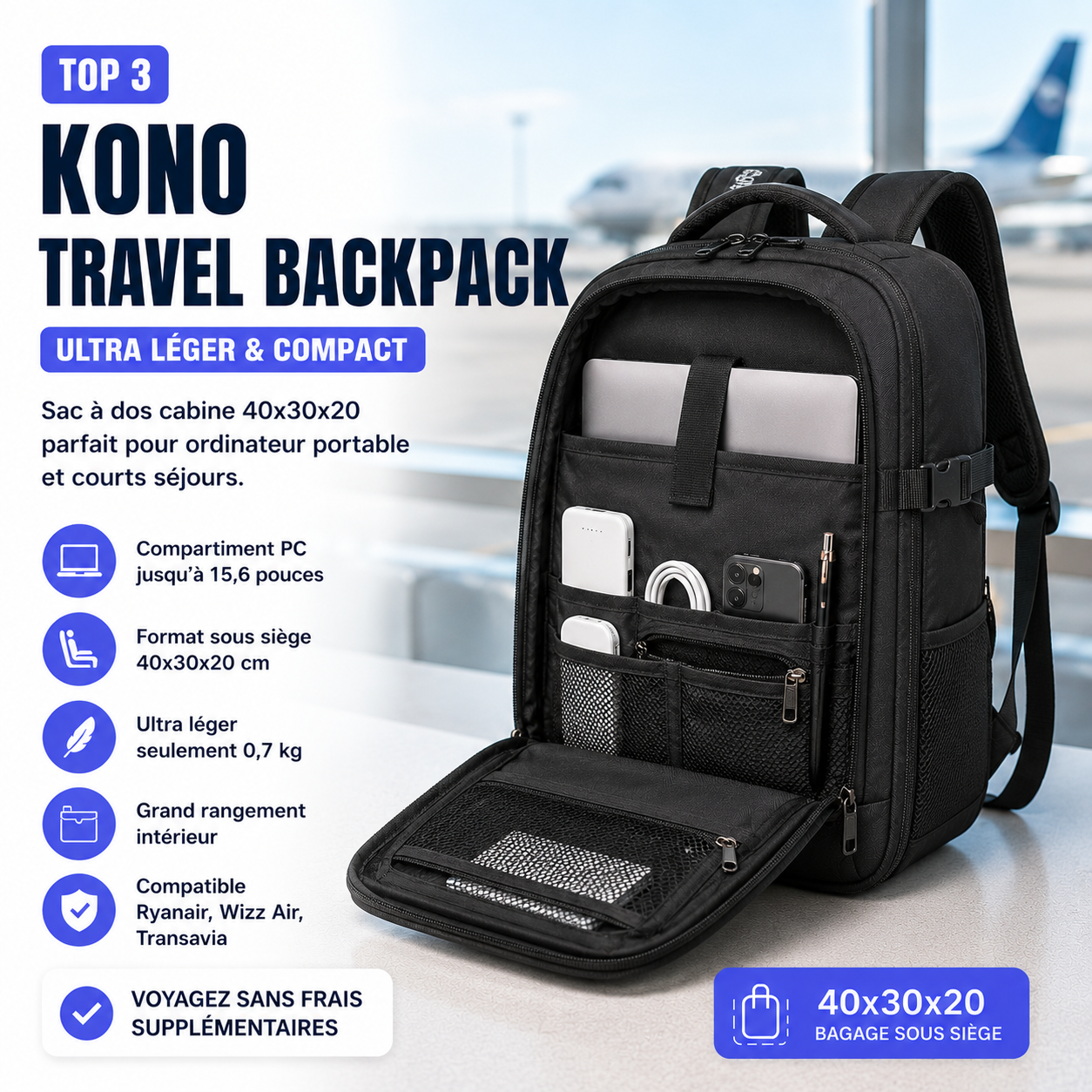 sac cabine ultra leger 40x30x20 sous siege