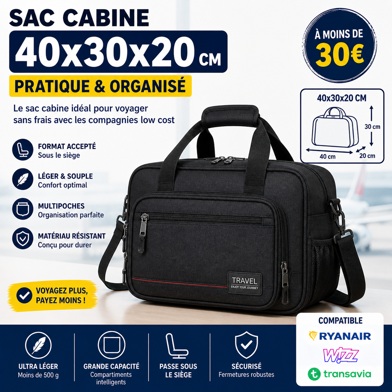 sac cabine multi poches 40x30x20 pas cher avion
