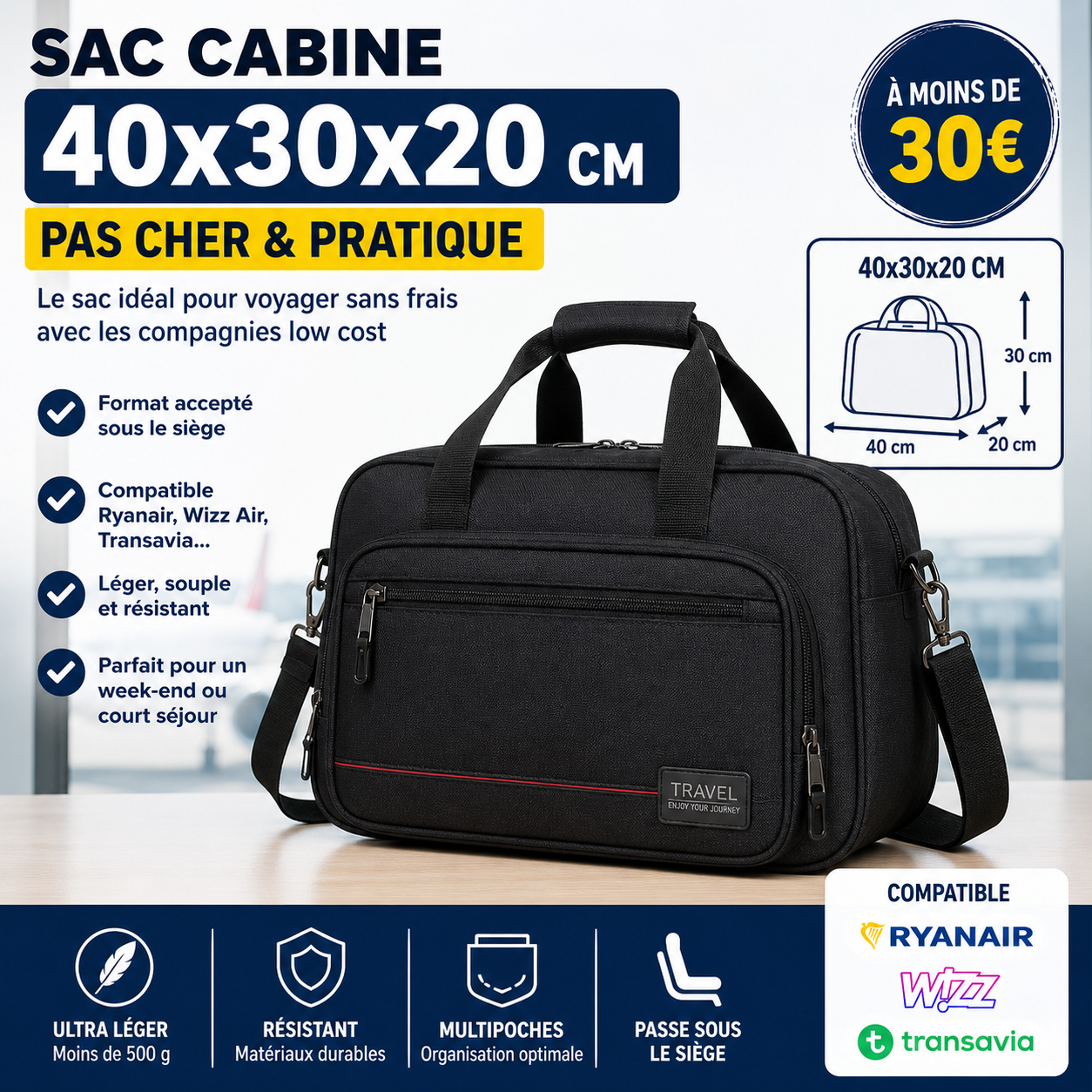 sac cabine économique 40x30x20 pas cher amazon avion