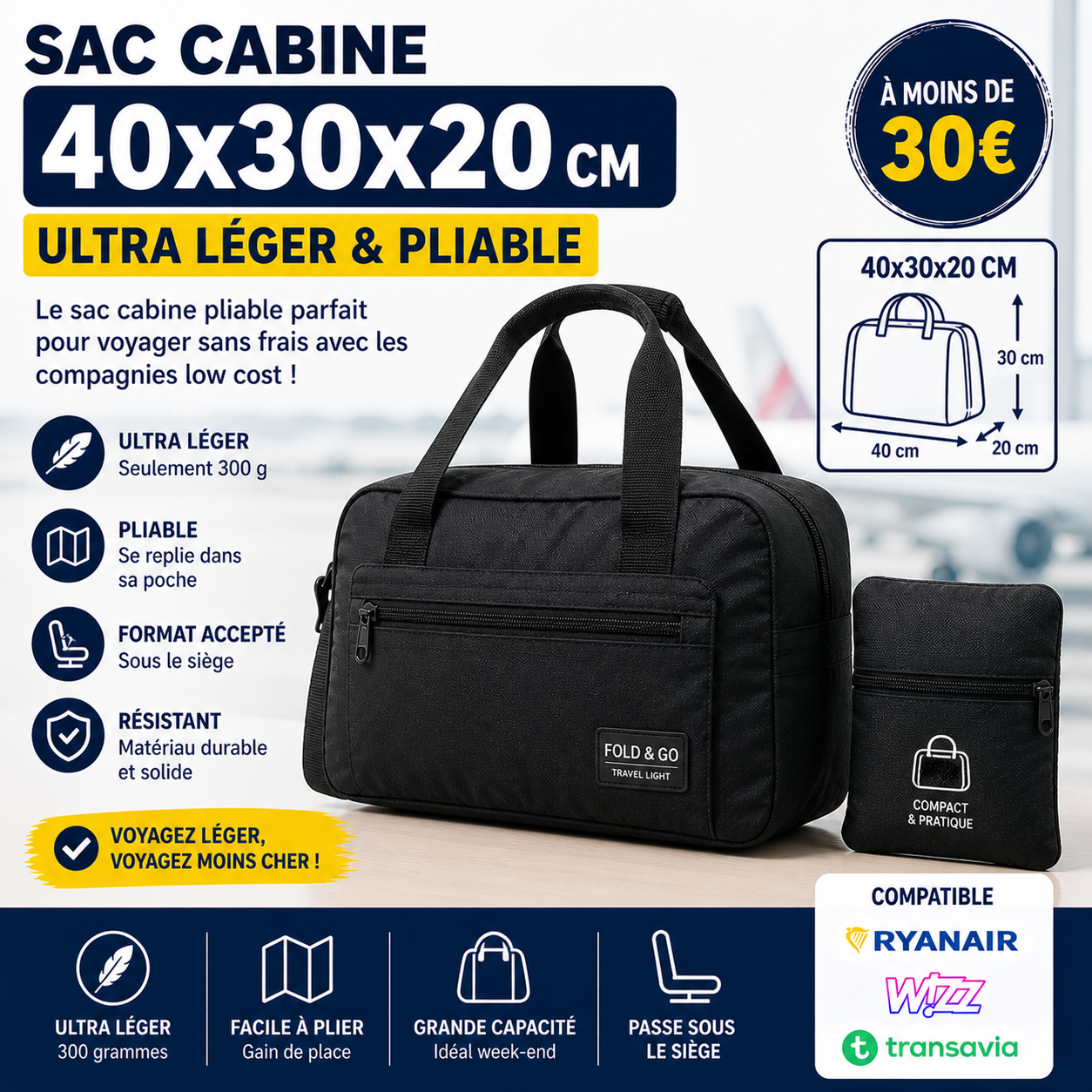 sac cabine pliable 40x30x20 pas cher ultra leger avion