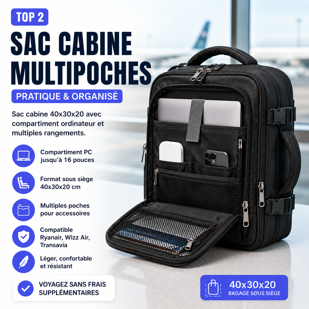 sac cabine multipoches 40x30x20 avion