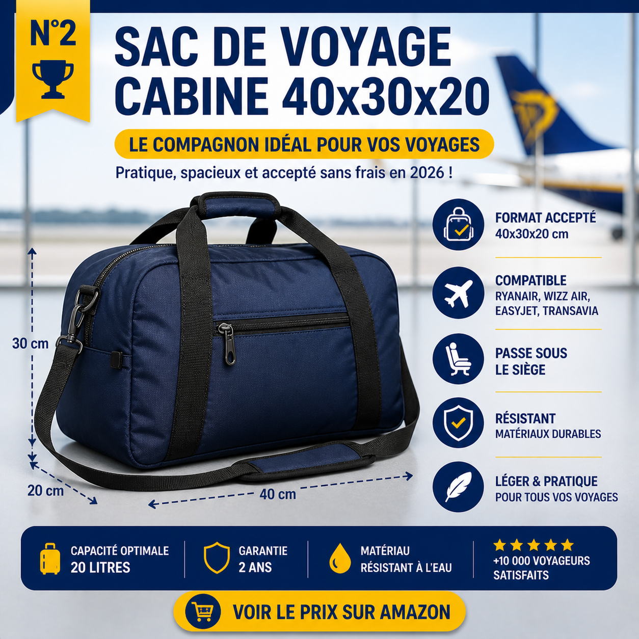 Sac de voyage cabine extensible 40x30x20