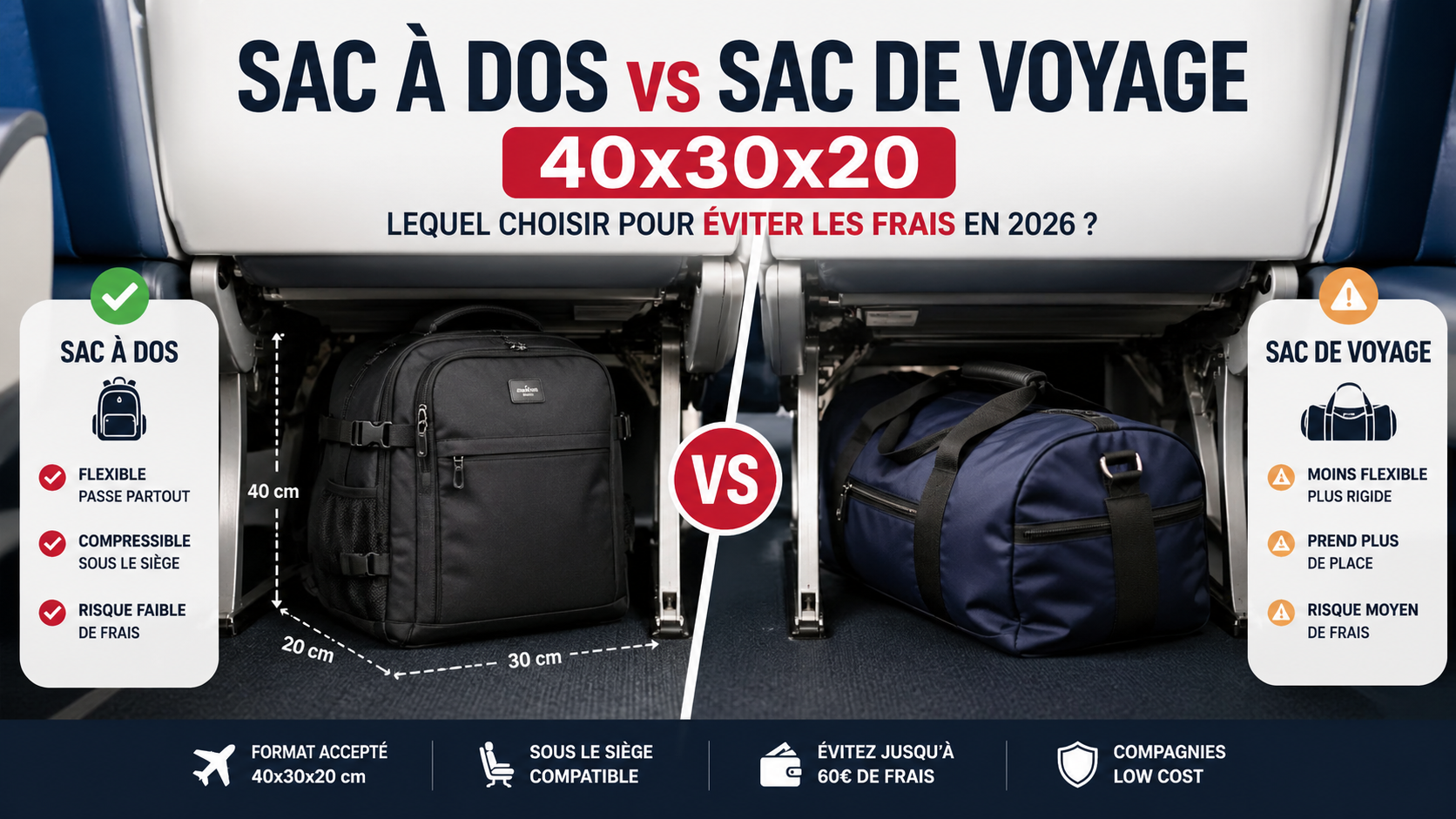 Sac à dos vs sac de voyage cabine 40x30x20 avion sous siège comparatif