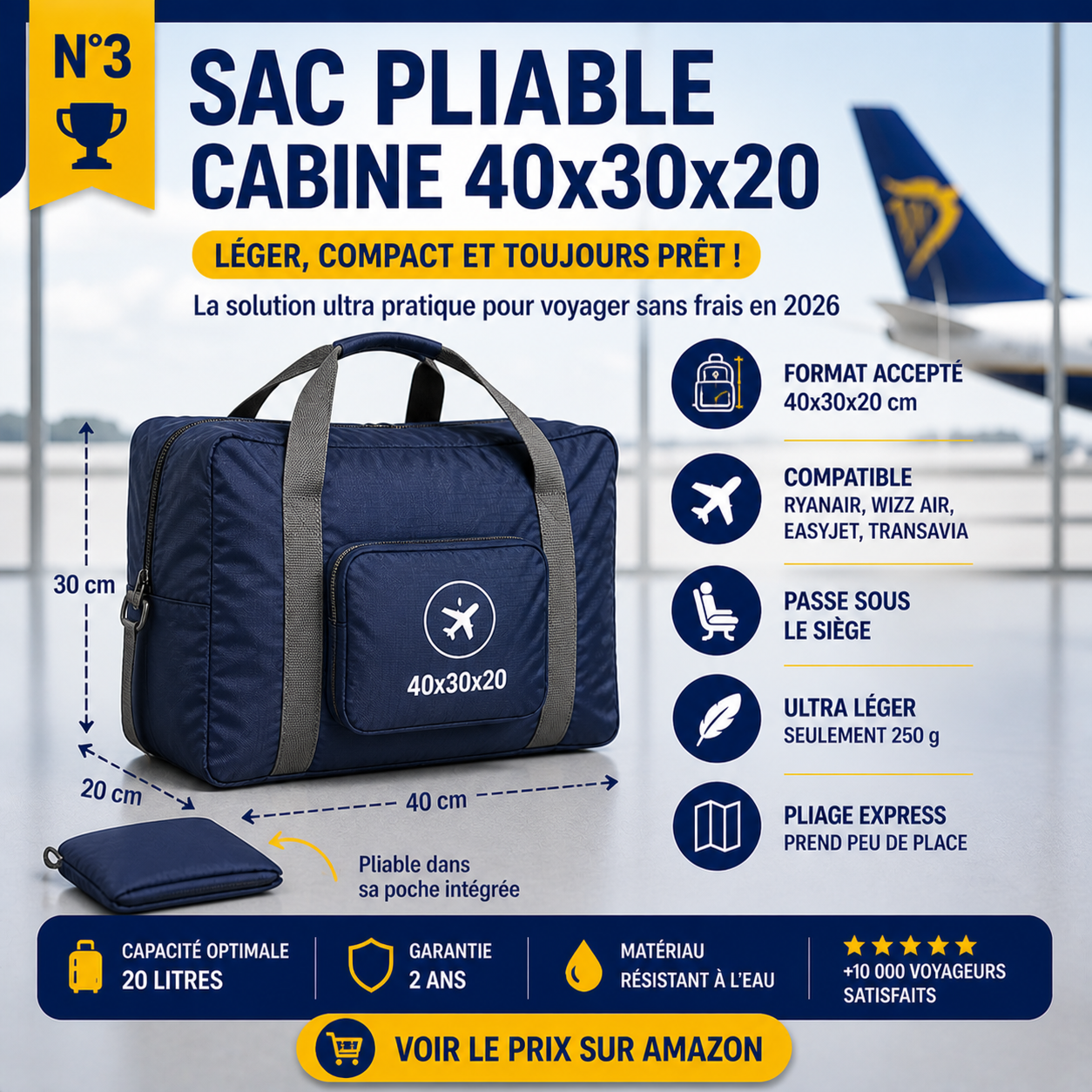 Sac cabine pliable léger avion 40x30x20